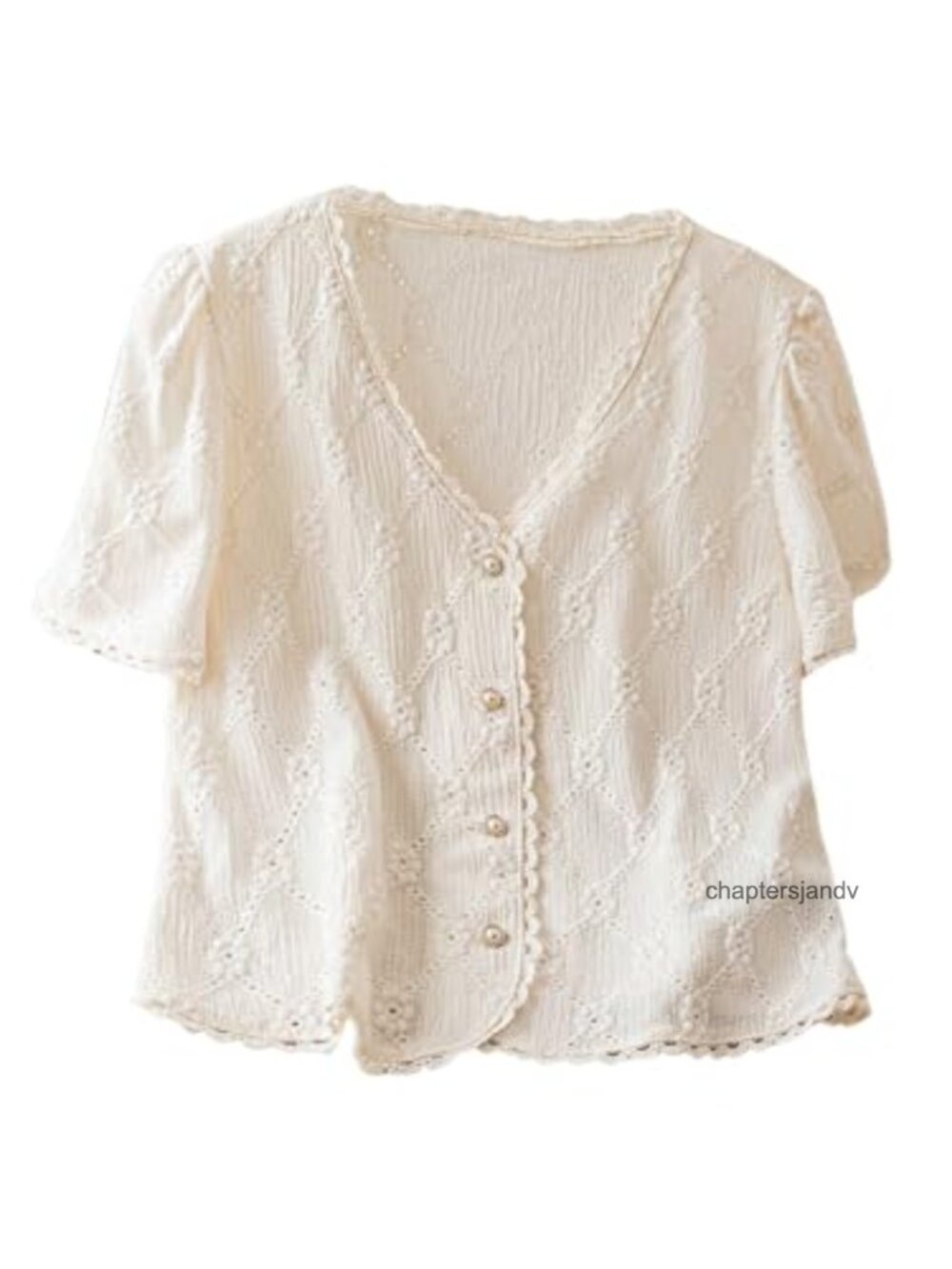 Floral Embroidered V-Neck Blouse with Puff Sleeves